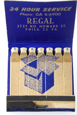 Regal Corrugated Box Feature Matchbook Vintage Philadelphia Cover Unstruck Rare