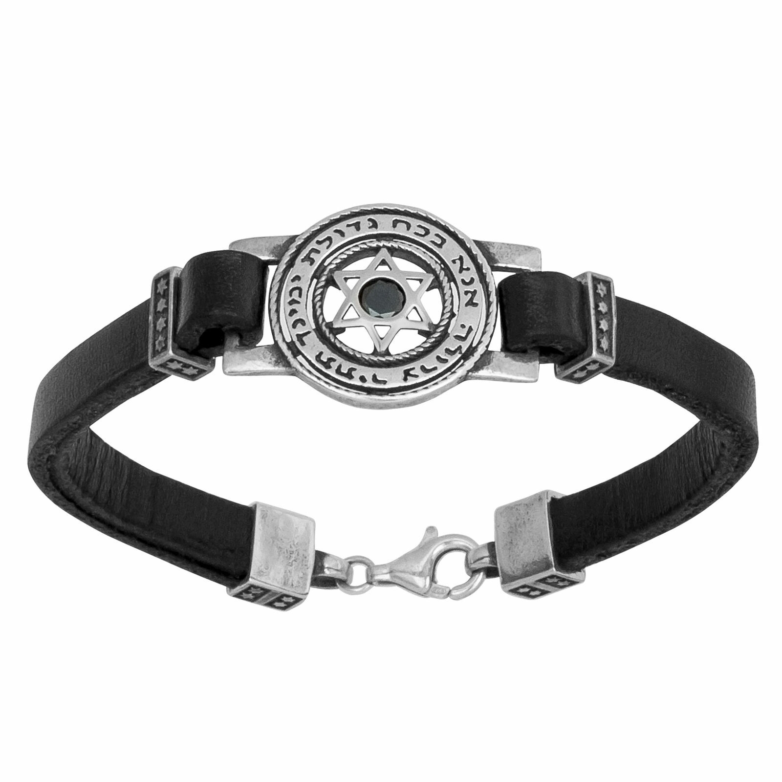 Man Bracelet Cabala Ana Bekoach Sterling Silver Genuine Leather Black Onyx