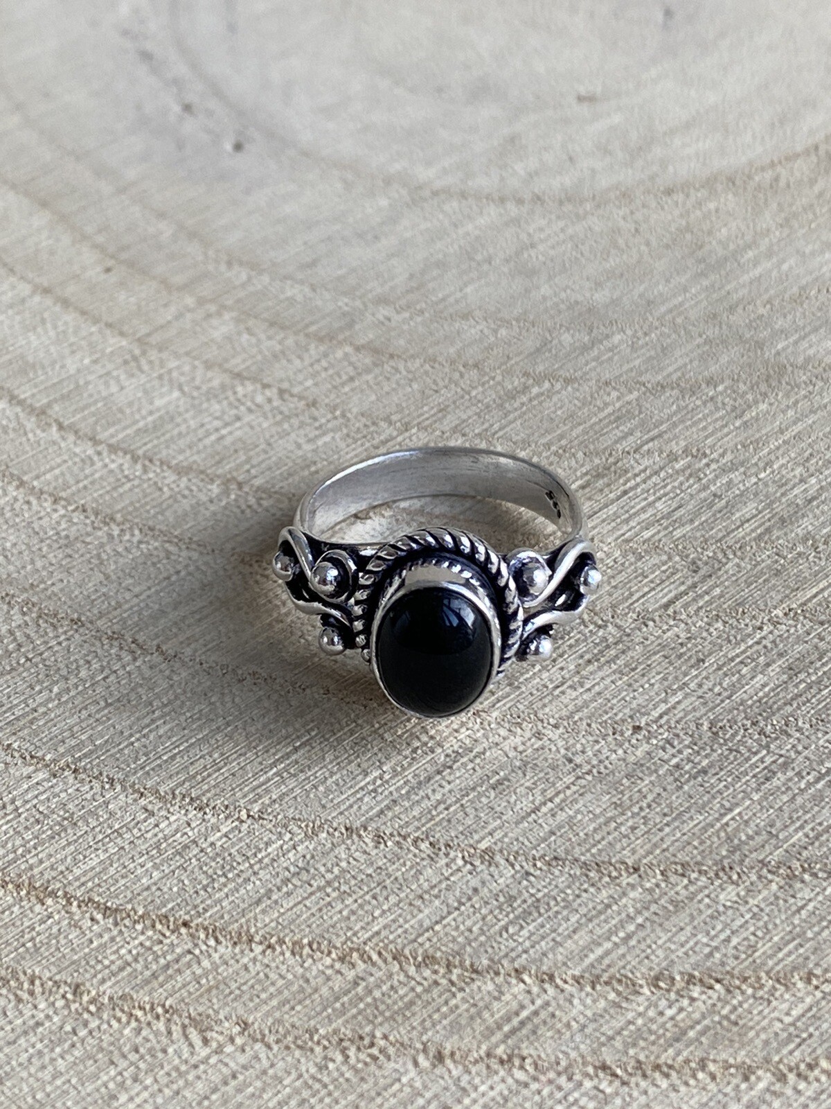 Natural Black Onyx Ring Size N 1/2 Sterling Silver 925 Plated Vintage