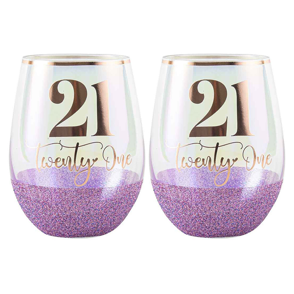 2PK Glitter 21st Celebration Stemless Wine Glass Purple 600ml