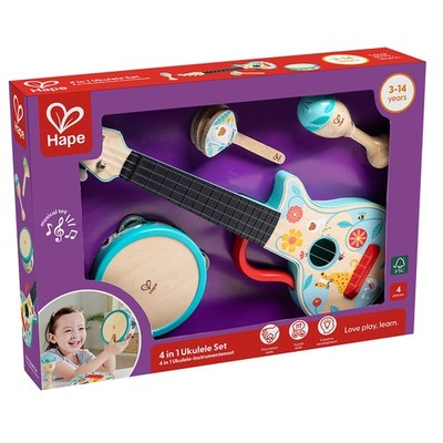 Hape: 4-In-1 Ukulele Set - 4pc Wooden Instrument Playset, 3+