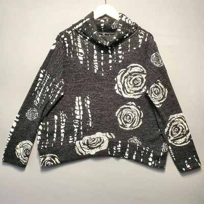 Clara Sun Woo Sweater Womens M Gray Cowl Neck Floral Rose Knit Stretch Cozy Top