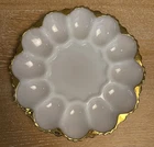 Vintage Anchor Hocking Fire King Milk Glass Deviled Egg Plate Gold Trim 10” dia