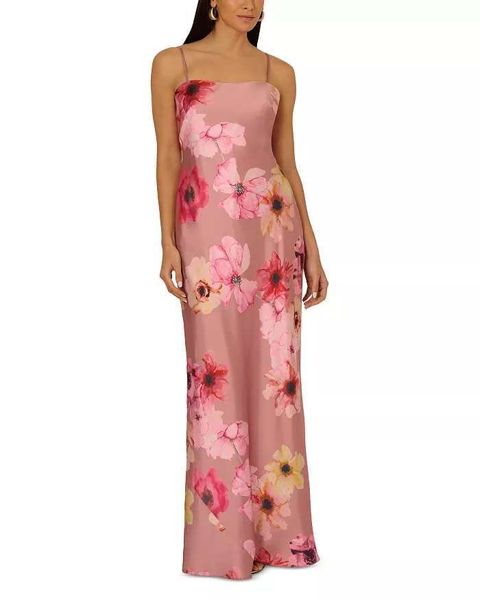 Adrianna Papell Printed Sateen Gown Floral Pink sz 6 NWT Prom Open Back Slip