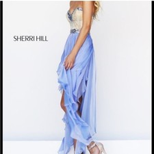 Sherri Hill Bedazzled Gold Strapless Blue Handkerchief Hem Formal Dress- Size 6