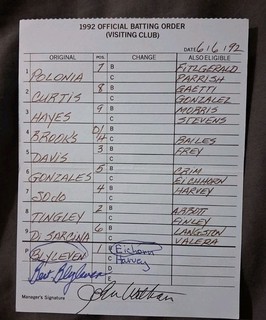 Bert Blyleven Autograph California Angels Game Used Umpire Lineup Card 6/6/92