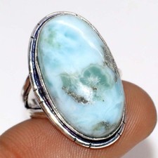 925 Silver Plated Larimar Ring Handmade Gemstone Jewelry Size US 6.5 JW