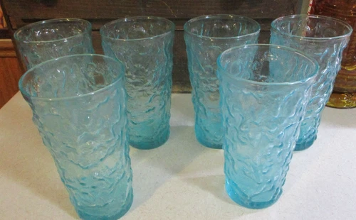 6 Vtg Anchor Hocking Milano Aqua Blue Turquois 5.5" Glasses Tumblers