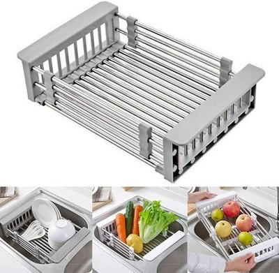 Kitchen Sink Adjustable Dish Drying Rack Stainless Steel Drain Basket Holder