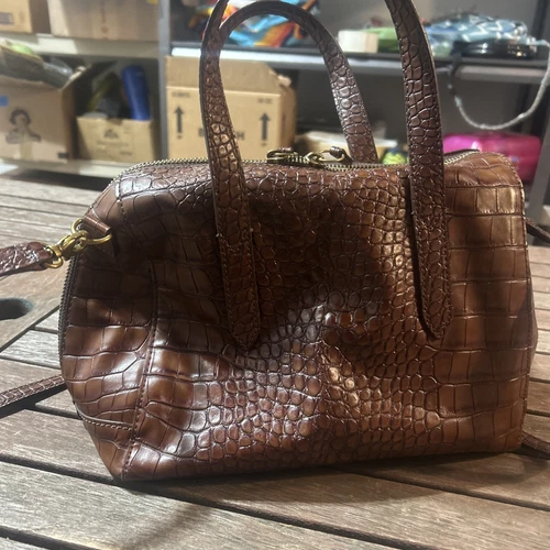 Fossil Croc Embossed Shoulder Bag Brown Leather Purse Small Medicine Bag