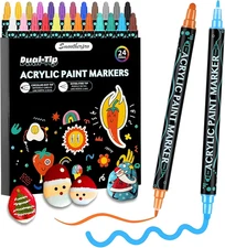 24 Colors Acrylic Paint Markers, Dual Tip with Fine Tip and Brush Tip Pens for S