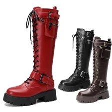 Women Combat Riding Knee High Boots Lace Up Side Zipper Motorcycle Boots