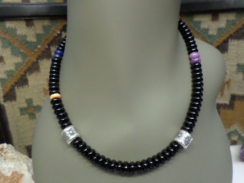 Sterling Southwest Navajo Pearls Cylinder Onyx Charoite Bead Squash 18" Necklace