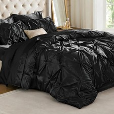 Satin Comforter Set Queen Size, 7 Pieces Pintuck Bed in A Bag with Comforter,