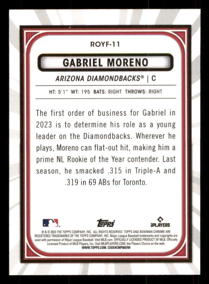 2023 Bowman Chrome Rookie of the Year Favorites #ROYF11 Gabriel Moreno - Image 2 of 2