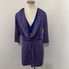 DIANE VON FURSTENBERG Women’s 6 Rachel Dress Blue Orange Silk Belt Drape Neck