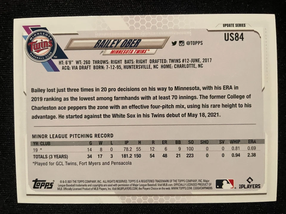Bailey OBER RC 2021 Topps Update Series #US84 Minnesota Twins - Image 2 of 2