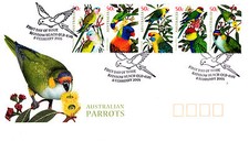 Australian Parrots 2005 (estampillas engomadas) FDC - Rainbow Beach Qld 4581 PMK