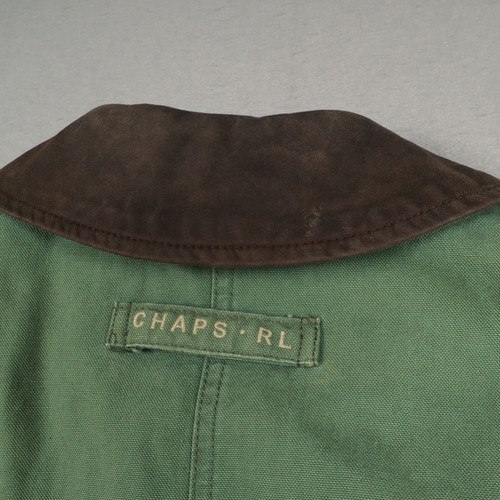 Chaps Ralph Lauren Green Bomber Jacket Men's Large Full Zip Leather Collar Patch - Picture 16 of 17