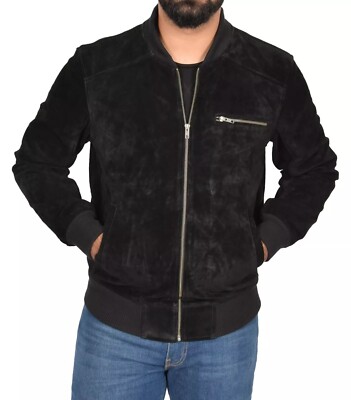 Men Genuine BLACK Suede Bomber Jacket Sport Varsity Baseball Casual Real Leather