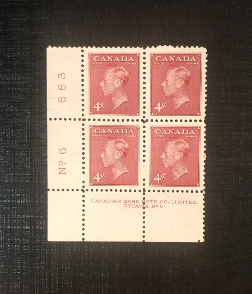 Stamps Canada Sc287 4c dk car KGVI Plate 6 LL Cracked Plate MNH see detail*. - Image 3 of 3