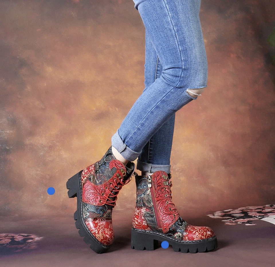 botas retro estampado floral rojo puntera plana redonda talla 8 bordado Foto 4 de 4