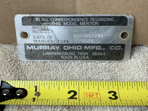 Vintage Murray Ohio Mfg. Lawrence burg,Tenn. Aluminum Tag Badge Medal Logo Label