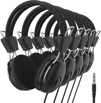 5 Pack Bulk Wired On-Ear Headphones with 3.5mm Plug for Classroom Library Travel