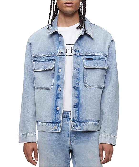 Calvin Klein Mens Stonewash Utility Trucker Jacket in Blue Sz XL