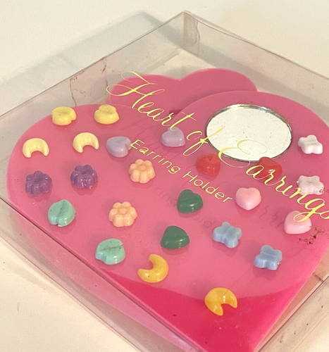 Vtg Pink Plastic Heart of Earrings Earring Holder w/ 12 Pairs & Mirror Hong Kong - Picture 3 of 6