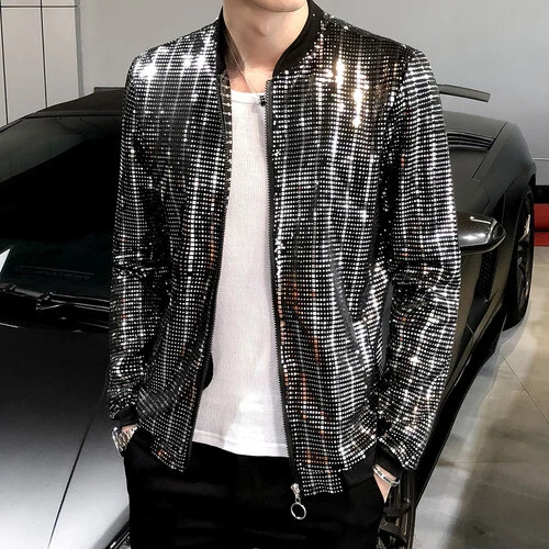 New Men Zipper Coat Sequin Bomber Jacket Men's Shiny Sequins Long Sleeves - Picture 1 of 12