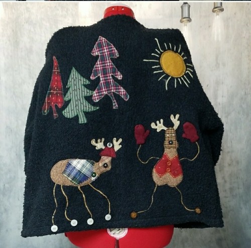 Holiday trees reindeer handmade jacket size xxl Christmas winter buttons whimsy - Picture 11 of 12