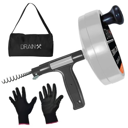 50-FT Heavy Duty Hand Crank Steel Drum Drain Auger Snake Pistol Grip 1/4" cable