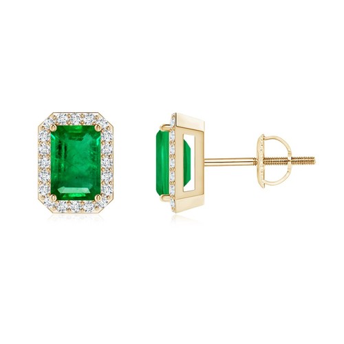 ANGARA 1.2 Ct Emerald-Cut Emerald Stud Earrings with Diamond Halo in 14K Gold - Picture 1 of 28