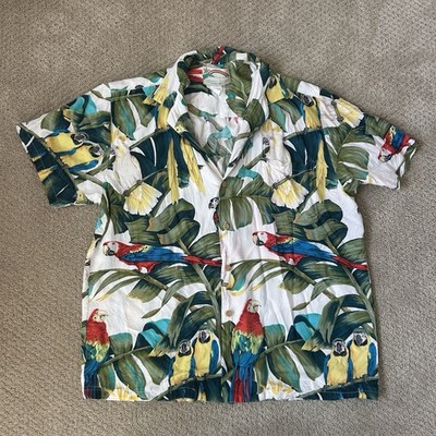 Vintage Paradise Found Shirt Mens Hawaiian Floral Jungle Bird Parrot Size Large