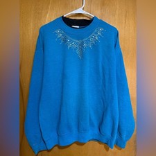    Vintage Blue Rhinestone Sweatshirt   80s 90s Grandma Grandpa Cozy Pullover lg