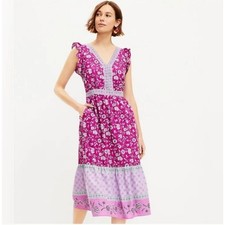 LOFT Border Ruffle Midi Pocket Dress Floral Print Size 2