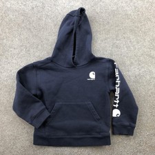 Carhartt Hoodie Youth 5 Navy Pullover Kangaroo Pocket Sleeve Spell Out Workwear