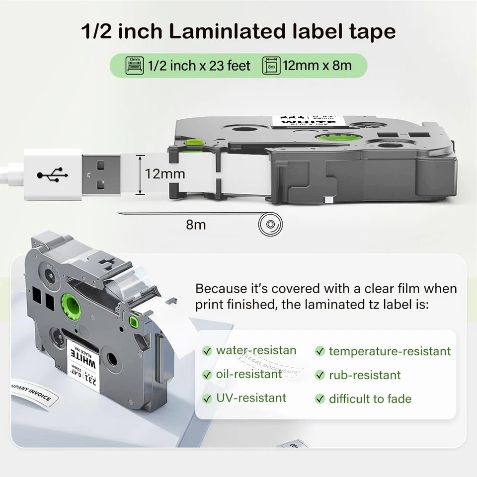 Brother P-Touch TZe-231 TZe-221 TZe-251 Label Tape 12mm 9mm 24mm Laminated 8M - image 3 of 4