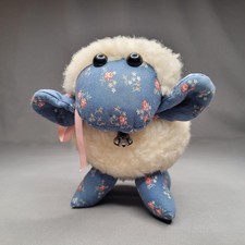 Handmade White Lamb Sheep Plush Small Stuffed Animal Blue Floral Fabric Bell USA