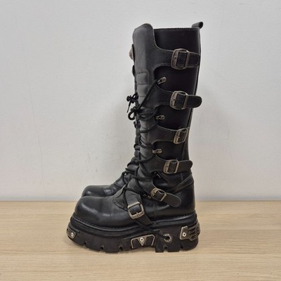 New Rock Reactor kniehohe schwarze Lederstiefel mit klobigem Absatz UK 9,5 EU 44