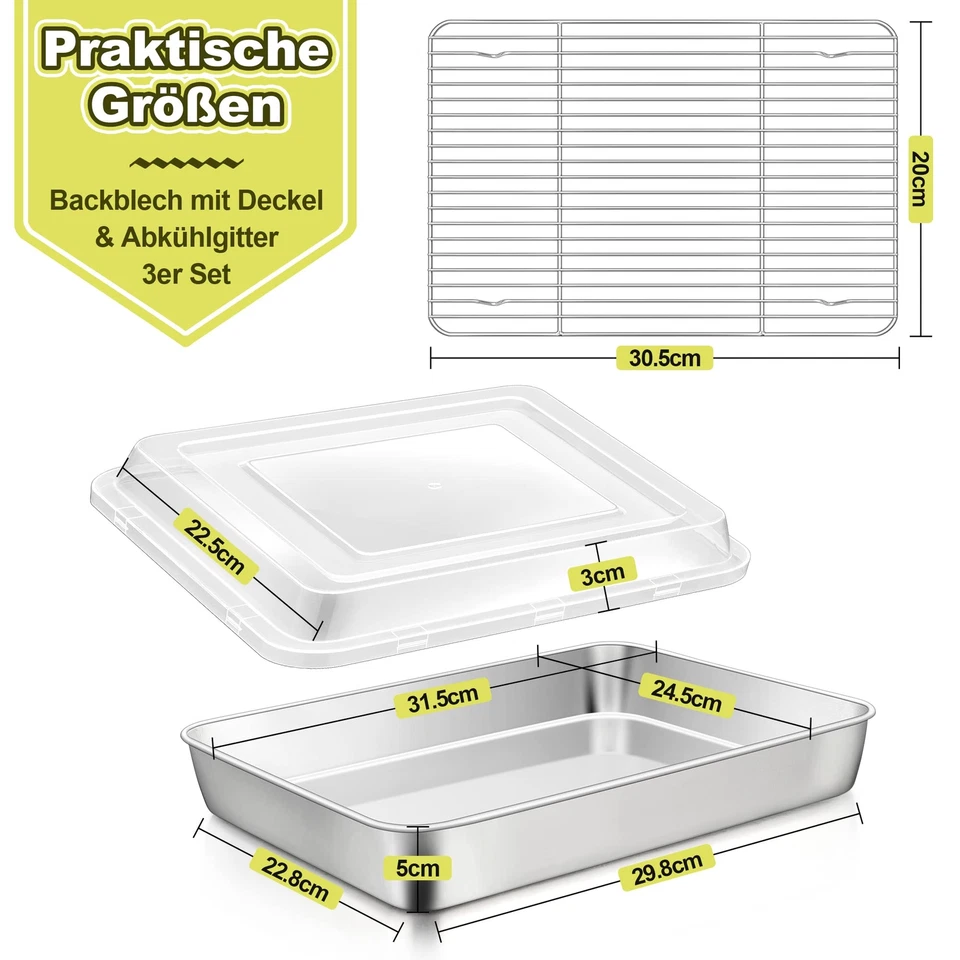 Backblech mit Deckel & Abkühlgitter Edelstahl Auflaufform Fettpfanne Backofen... - Bild 2 von 4
