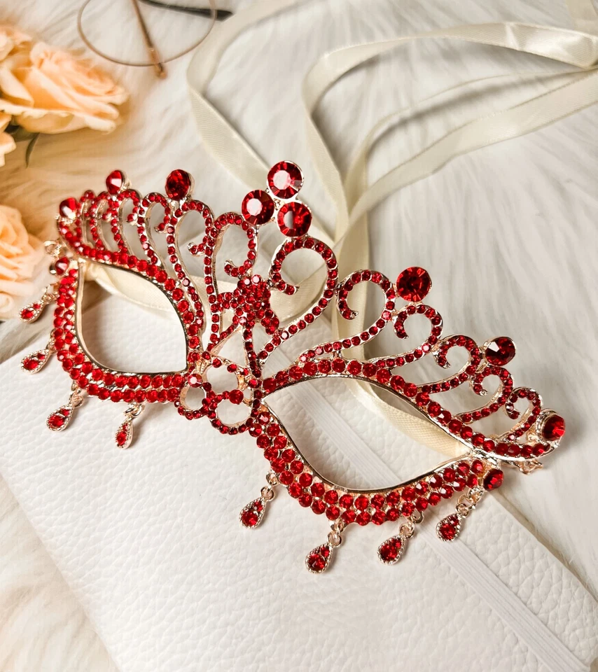Venetian Masquerade Mask, Mardi Gras Mask, Elegant Teardrop Red Prom Party Mask - Image 2 of 4
