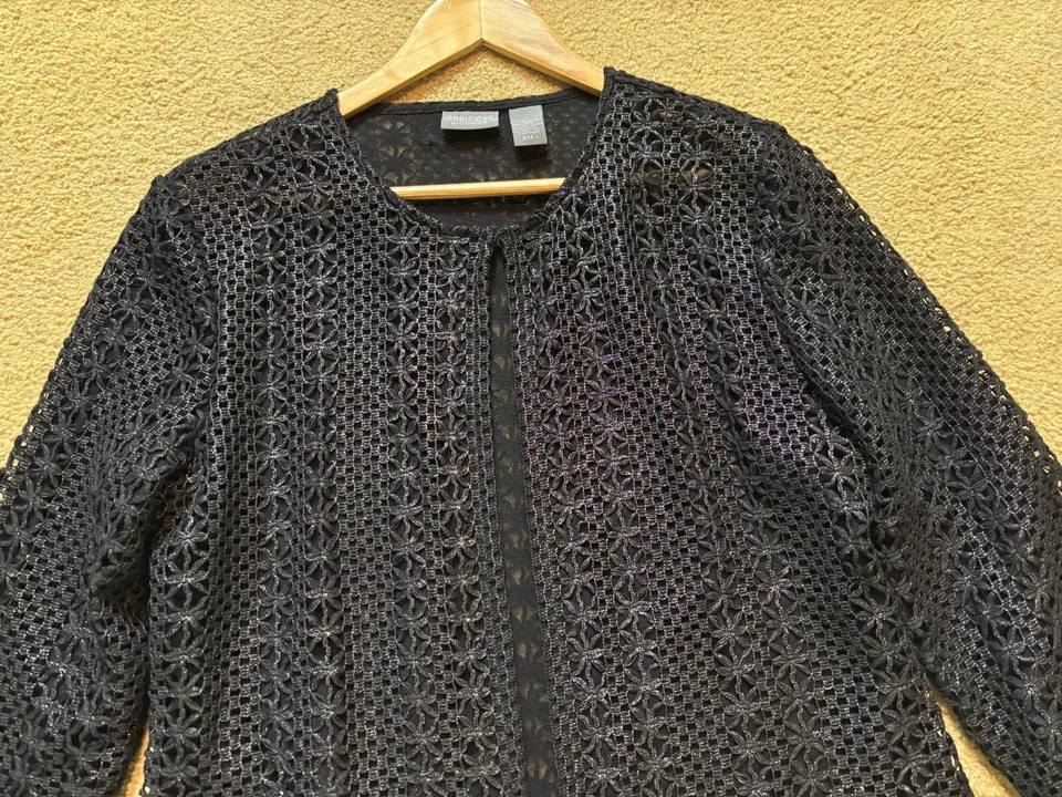 Chaqueta Cárdigan Chico's Negro Tejido Abierto Plateado Transparente Metálico Crochet 1, M 8 Foto 3 de 4