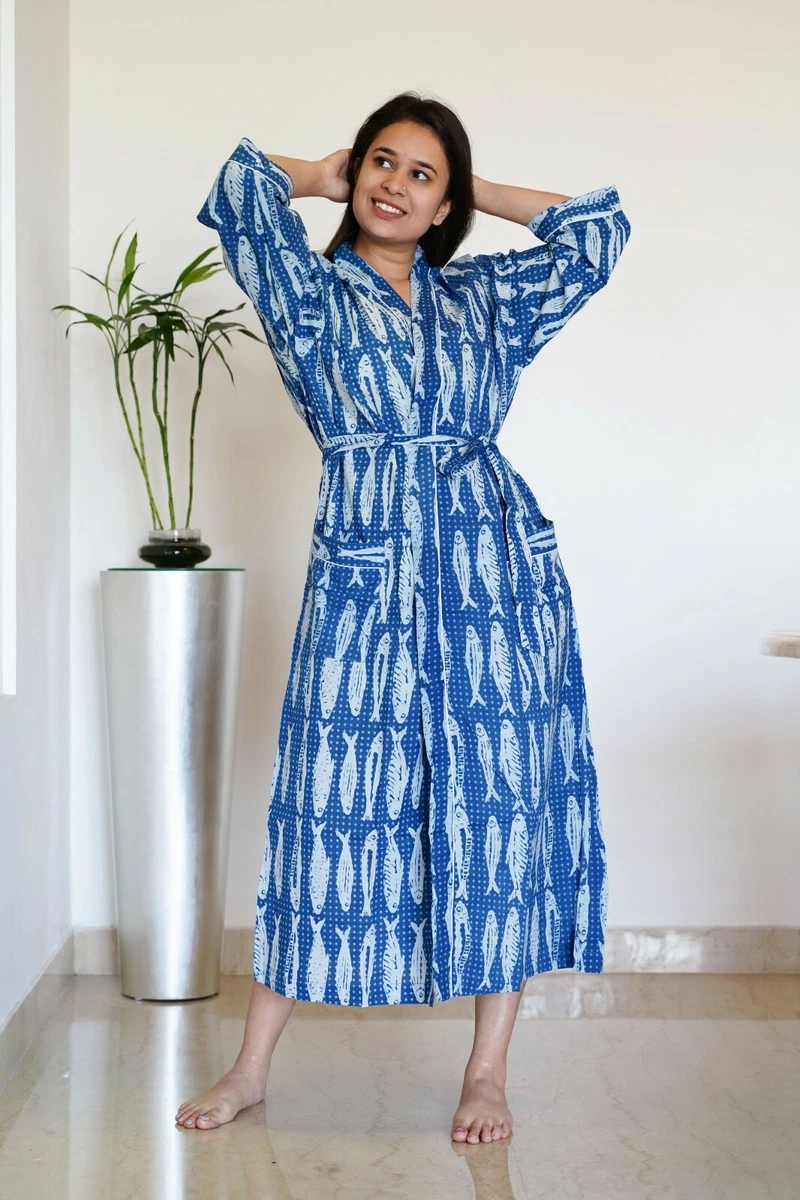 Indian Fish Printed 100% cotton Blue robe gown Hippie women maxi kimono  dress