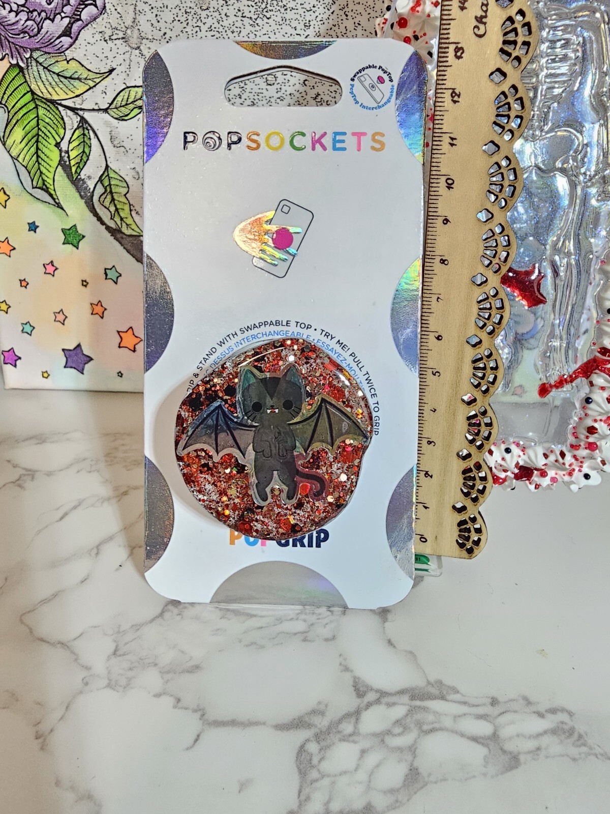 Phone Grip Holder Authentic PopSocket Swappable Halloween Cat Kitten Bat Vampire-image