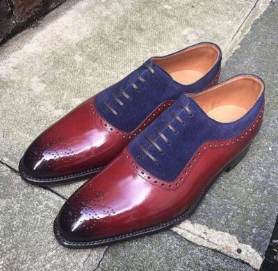 Herren Handgefertigt Schuhe Zweifarbig Wildleder Leder Schnürung Brogue Oxford Leger Stiefel Neu