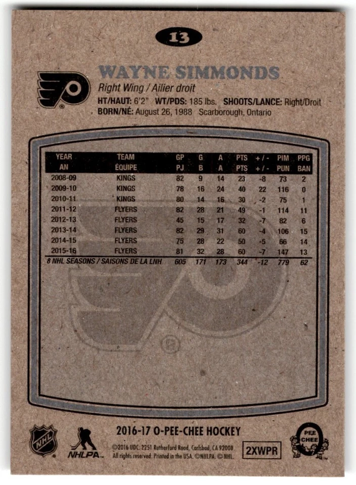 Wayne Simmonds 2016-17 O-Pee-Chee Retro #13 Philadelphia Flyers - Image 2 of 2