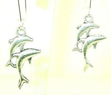 New  Wonderful 3-D Double Jumping  DOLPHINS  Silver-tone Dangle Earrings 2" Long