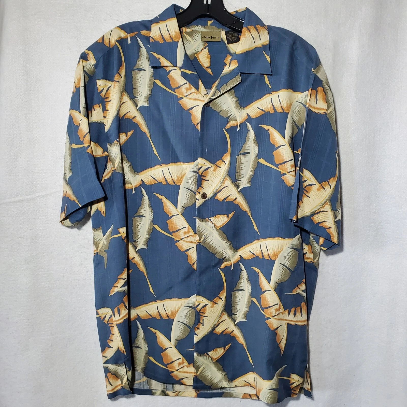 Axist Shirt Men's Medium Short Sleeve Button Up Blue Floral Hawaiian 100% Silk